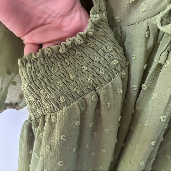 EXLURA Swiss Dot Sheer Puff Long Peasant Sleeve Ruched Front Mini Dress Size XL - Picture 11 of 13